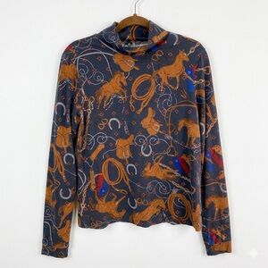 Anthropologie Equestrian Horse Print Turtleneck Top Size L Blue Prize Ribbon